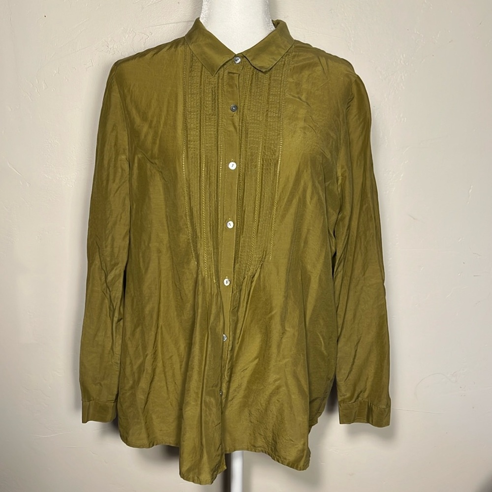 J Jill Cotton Silk Blend Button Up Pleated Front Long Sleeved Shirt Top Large